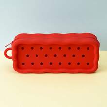 1pc Solid Color Silicone Pencil Case, Rectangular Zipper Pencil Pouch With Perforated Round Holes, Wavy Edge And Carrying Loop, Stationery Storage Bag For Desk Organization And Daily Use - Multicolor - View 14