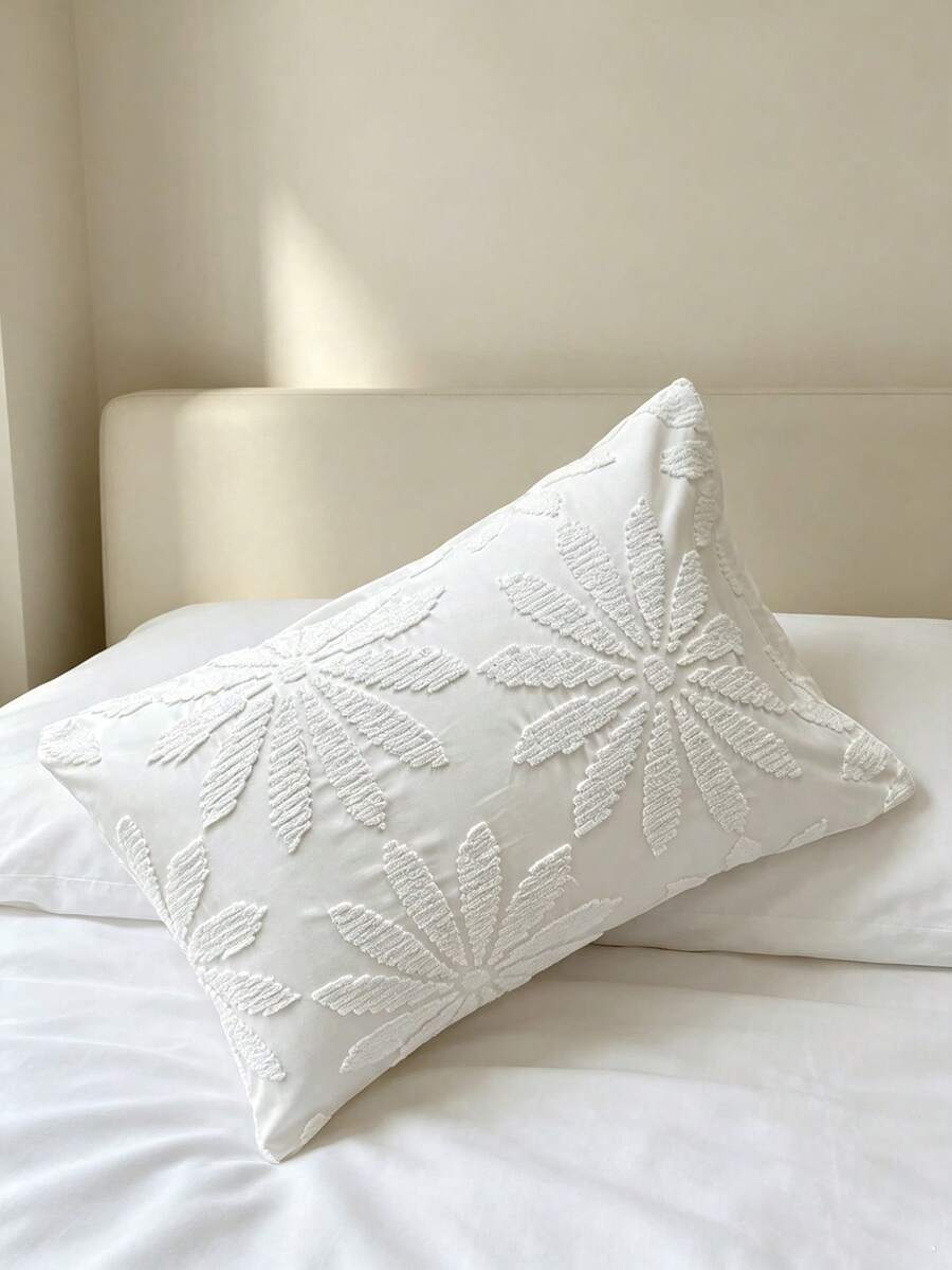 1pc White Floral Cut Flower Bed Pillowcase, Minimalist Solid Color Pastoral Style Jacquard Polyester Throw Pillow Cover Suitable For Sofa, Ins Style Decorative Long Pillowcase, Machine Washable, No Filling - White - View 1