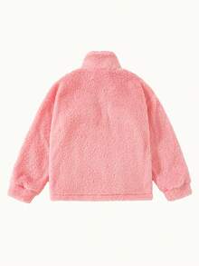Girls' Fashion Casual Utility Fleece Jacket With Turn-Down Collar, Double Pockets And Single-Breasted Buttons, Autumn/Winter - Pink - View 3