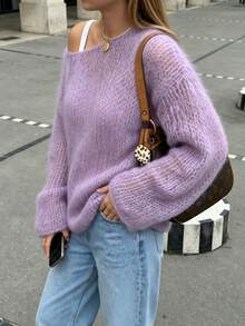 Purple INS Style Fluffy Mohair Pullover Knit Top, Asymmetrical Shoulder Chunky Hollow Out Loose Silhouette Sweater For Travel, Vacation And Daily Wear - Purple - View 4