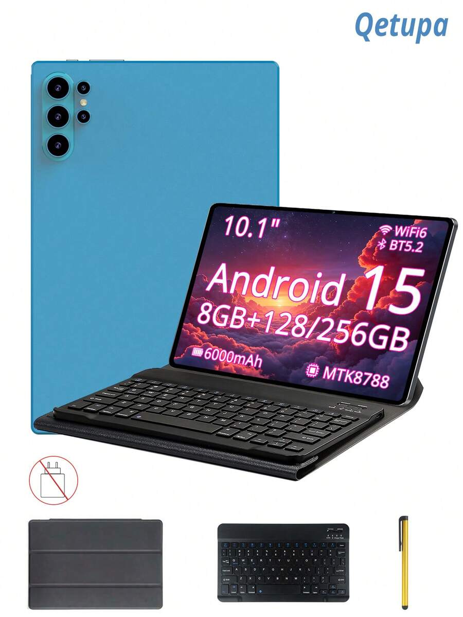 Qetupa 10.1-Inch Android 15 Tablet With Case, Keyboard, And Mouse, 8GB RAM + 128/256GB Storage (Expandable To 1TB), HD (1280x800) IPS Touchscreen, 5MP Front Camera And 13MP Rear Camera, 6000mAh Battery (Charging Adapter Not Included) - Blue - View 1