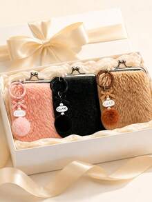 Sweet Plush Coin Purse, "Cute" Letter Bow Plush Ball Pendant Coin Purse, Women's Coin Wallet, Portable Compact Coin Wallet - Multicolor - View 7
