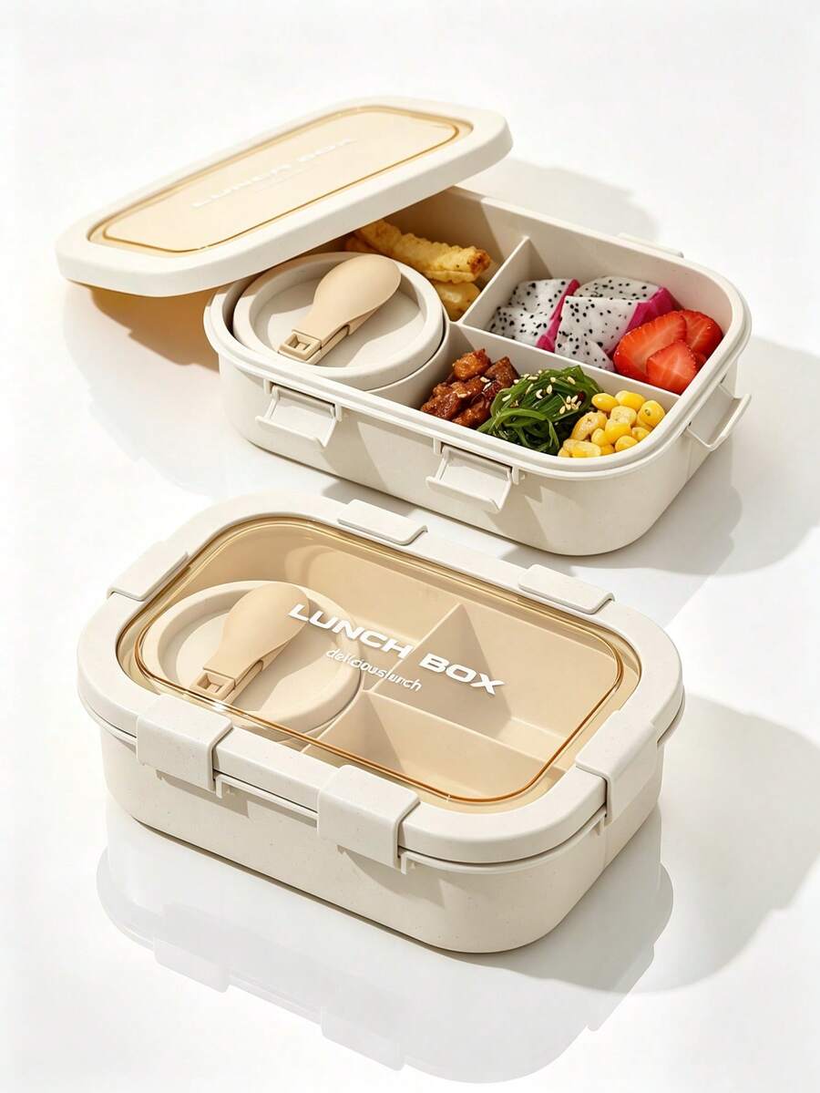 1pc Lunch Box With Utensils - Square Microwave Food Container, Hand Washable - Perfect For School Lunch, Kitchen Storage And Accessories, Includes Lunch Box, Insulated Bag, Breakfast Cup, Water Cup, Suitable For Light Meals, Work, School, Outdoor Travel. Divided Lunch Box, Christmas, Valentine's Day - Multicolor - View 1