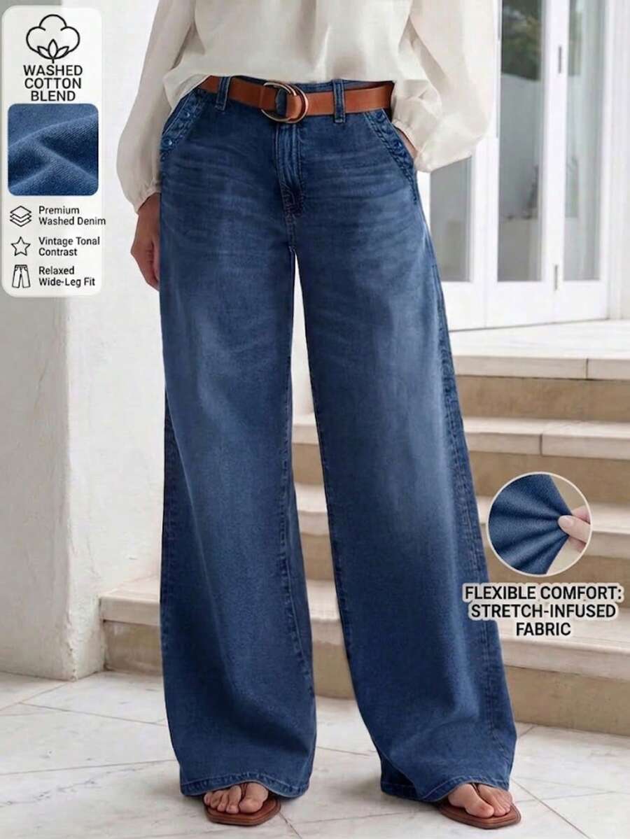 New Women's Multi-Button Wide Leg Casual Jeans - High Quality Denim, Fashionable And Comfortable Spring Fall - Dark Wash - View 1