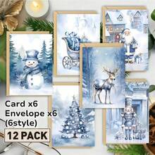 1 Set Christmas Holiday Thank You Card Set - With Envelopes, Includes 6 Cards And 6 Envelopes, Perfect For Winter Holiday Gatherings. Featuring Designs Of Blue Santa, Snowman, Blooming Flower, Reindeer And Christmas Tree, Suitable For Christmas, Thanksgiving, Birthday Parties And Celebrations, Blank Inside, 3D Display, High-Quality Paper. - 6 Greeting Cards + 6 Envelopes - View 3