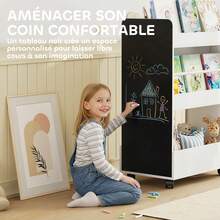 Kinderboekenkast op wielen, opbergruimte voor kinderboeken van 3 tot 8 jaar met krijtbord, 66,5 x 32,5 x 86,5 cm, wit - A - Bekijken 8