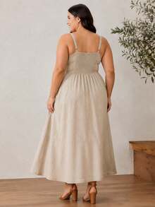 Vestido Plus Size Feminino em Linho Midi Alça Regulável com Lastex - Bege - Visão 2