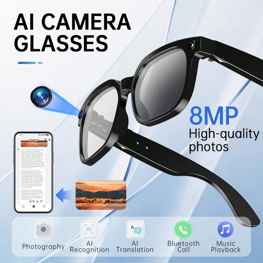 AI Smart Photography Glasses, Bluetooth Calling, 8MP Camera, AI Translation, Anti-Shake Video Recording, Open-Ear Audio, Bluetooth Calling Music Playback Function, AI Recognition Translation Function, Hands-Free Operation Smart Glasses, Suitable For Sports And Travel Scenarios - View 1