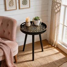 Round Tray Top Side Table, Mandala Floral Print, Black & Gold Luxury Printed End Table, Multi-Functional Coffee Tea Snack Decorative Table, Sofa Bedroom Bathroom Patio Garden Home Decor Storage Side Table - Black - View 2