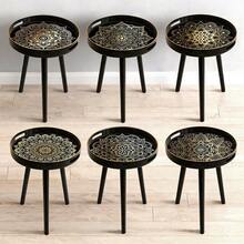 Round Tray Top Side Table, Mandala Floral Print, Black & Gold Luxury Printed End Table, Multi-Functional Coffee Tea Snack Decorative Table, Sofa Bedroom Bathroom Patio Garden Home Decor Storage Side Table - Black - View 1