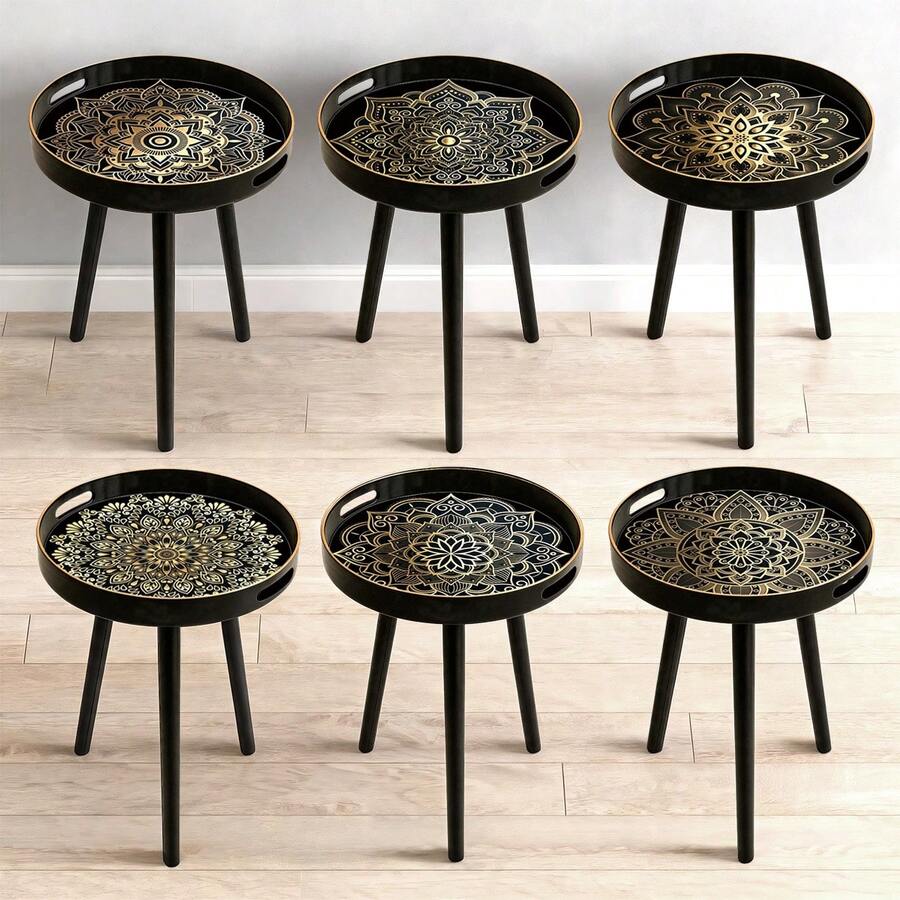 Round Tray Top Side Table, Mandala Floral Print, Black & Gold Luxury Printed End Table, Multi-Functional Coffee Tea Snack Decorative Table, Sofa Bedroom Bathroom Patio Garden Home Decor Storage Side Table - Black - View 1