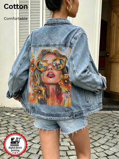 Giacca di jeans da donna, con un design alla moda, stampa diretta su tessuto in bianco e vestibilità rilassata con lavaggio vintage