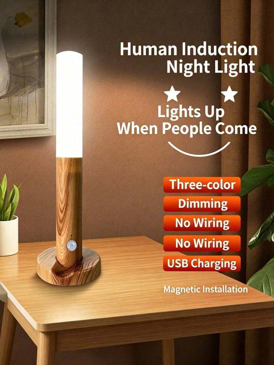 1 Peça Luz Noturna com Sensor de Movimento Magnético Portátil, Lâmpada LED Recarregável com Montagem na Parede com Padrão de Madeira, 3 Modos de Cor, Carregamento Tipo-C Luz de Indução Sem Fio para Corredor, Guarda-Roupa e Quarto - Luminária de parede com sensor de luz ambiente de três cores - Visão 1