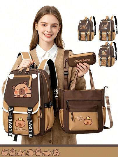 3-Piece Capybara Backpack Set, Includes Tote Bag And Pencil Case, Durable Nylon Material, Multi-Pocket Design, Tablet Compartment, Suitable For Back To School