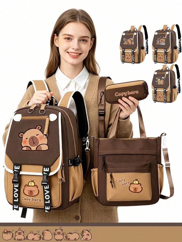 3-Piece Capybara Backpack Set, Includes Tote Bag And Pencil Case, Durable Nylon Material, Multi-Pocket Design, Tablet Compartment, Suitable For Back To School