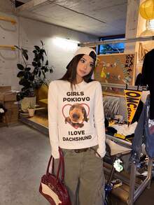 Dachshund Dog Print Regular Shoulder Versatile Casual Short T-Shirt Long Sleeve American Loose Fit Slimming Top - White - View 2