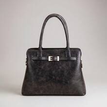 Retro-Style Distressed Black PU Square Handbag With A Straight Strap And Metal Buckle Featuring A Minimalist Design. Ladies' Tote Bag A Crossbody Bag - Black - View 6