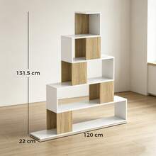 Estante de armazenamento geométrica de 5 níveis, ideal para escritório, sala de estar e quarto, em madeira branca e natural. - A - Ver 5