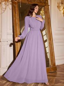 Volly Toych Elegant Long Sleeves Chiffon Maxi Bridesmaid Dress, Sleeves Without Lining, With Ruched Bust Scoop Neck For Special Occasions, Perfect For Events - Dusty Purple - View 8