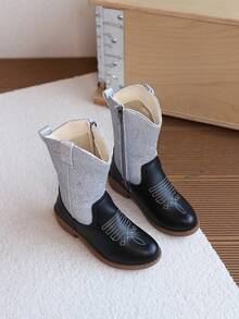 1雙女童刺繡中筒靴，兒童亮片中筒靴附側拉鍊，防滑復古時尚靴 - 銀色 - 查看 5