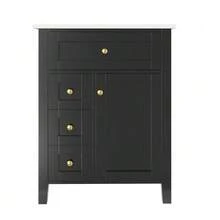 61 Cm Freestanding Bathroom Vanity, Glossy Green Lacquer, With Flip-Down Drawer, Two Sliding Drawers And A Single Door With Shelves – Faucet Not Included - Black - View 6
