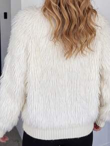 Korean Style Plush Knit Cardigan - Soft Faux Fur Sweater For Autumn/Winter, Decorated With Fan-Shaped Lace And Pearl Buttons, Comfortable High Neck Outerwear, Versatile For Daily Wear - White - View 5