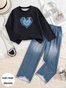 Girls' Casual Fashion Solid Color Heart Crew Neck Long Sleeve Top And Wide Leg Pants 2 Pieces Set, Spring/Autumn - Black - View 2