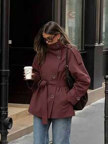This Fashionable Women's Double-Breasted Regular Length Trench Coat Is Made Of Woven Fabric, Featuring A Funnel Collar And Dropped Shoulder Design, Creating A Modern Autumn Look. - Burgundy - View 4