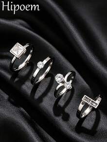 4pcs Fashion Stainless Steel Silver Rings, Luxury Geometric Square & Round Rhinestone Inlaid Stackable Rings, Minimalist Elegant Layered Finger Rings, Valentine's Day Gift Accessory, Unisex - Silver - View 1