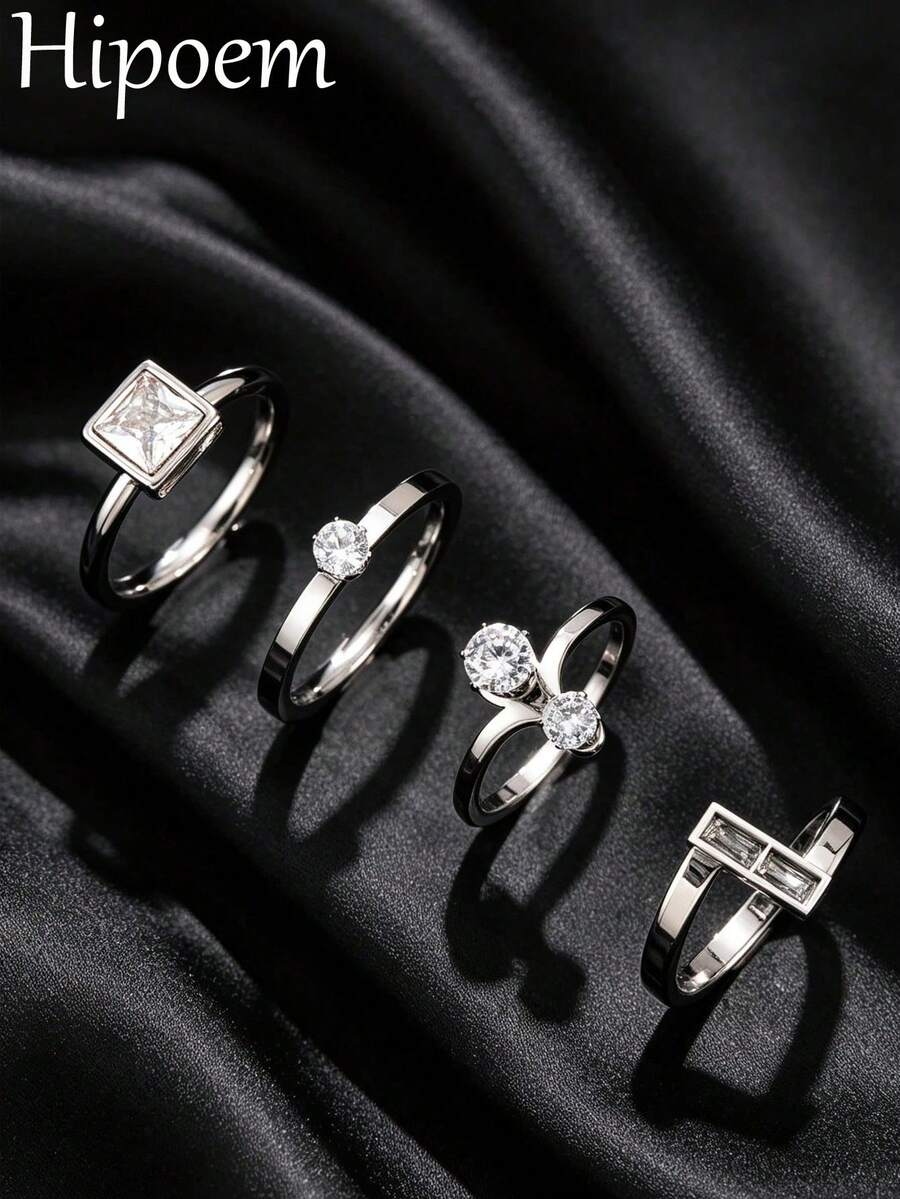 4pcs Fashion Stainless Steel Silver Rings, Luxury Geometric Square & Round Rhinestone Inlaid Stackable Rings, Minimalist Elegant Layered Finger Rings, Valentine's Day Gift Accessory, Unisex - Silver - View 1
