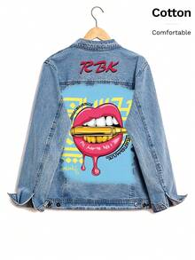 Men's Denim Jacket, Featuring A Red Lipstick Bullet Motif, White Ink Direct-To-Fabric Printing, And A Vintage Distressed Wash Finish - Light Denim Blue - View 4