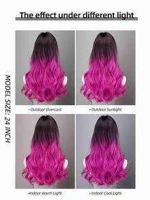 Ombre Black To Magenta Long Wavy Synthetic Wig For Women,28 Inch Middle Part Fluffy Curly Heat Resistant Wig For Daily Party Cosplay - Multicolor - View 9