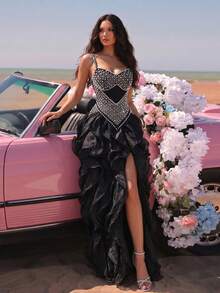 New Heavy Pearl & Rhinestone Embellished Apricot Sexy Sleeveless Backless Fashion Camisole Two Pieces Party Dress With Ruffle Skirt - Black - View 11