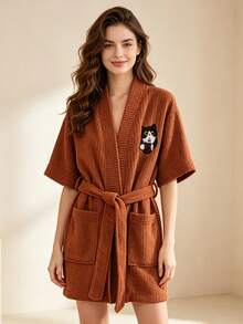 1 chiếc áo choàng tắm nỉ nhẹ cho nữ và bé gái, áo choàng spa kiểu kimono ngắn, nhanh khô, mềm mại và thấm hút tốt sau khi tắm - Áo choàng tắm tay ngắn vải nhung ngô họa tiết mèo cà phê - Xem 17