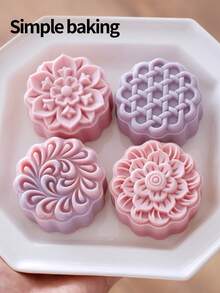 5pcs (1 Bucket With 4 Flower-Shaped Pcs) Geometric Flower Pastry Molds, ABS Plastic Hand-Pressed Mooncake Molds, Dates For Pastry Making Tools, Kitchen Baking Tools, Cookie Cutters. Maamoul Mold. Sweet Dessert-Making Tools - View 9