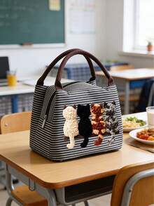 2D Plush (4 Cats) Back View Striped Lunch Box, Pet Pattern Tote Bag,Portable Picnic Bag, Unisex Lunch Bag, Zipper Closure, Suitable For Cat Lovers,An Excellent Gift Choice For Students, Teachers, Birthdays, Or Anniversaries. - Multicolor - View 8