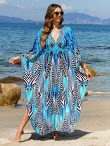 Women's Plus Friendly Printed Long Sleeve Kaftan Maxi Dress V Neck Side Slit Caftan Autumn Winter - Blue - View 6