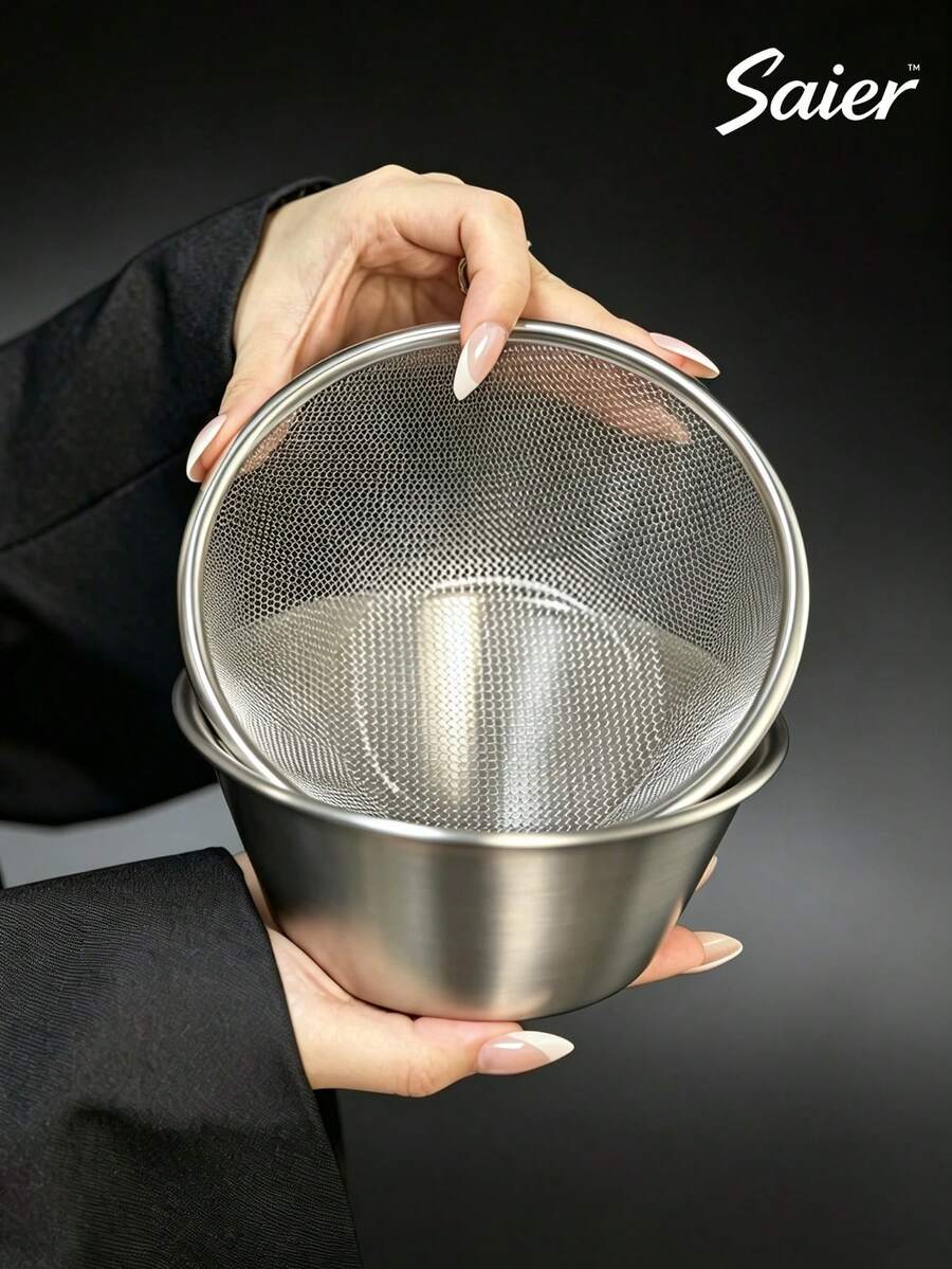 Multifunctional Stainless Steel Colander Bowl Set | Minimalist Ins Style Fine Mesh Strainer And Prep Bowl | Kitchen Fruit Blueberry Drainer Basket, Nut Salad Sauce Serving Bowl - Standard - View 1