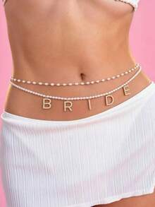 1pc Multi-Layer Letter Pearl Waist Belt, Summer Beach Vacation Bikini Accessory Jewelry, Adjustable Stackable, Bridal Bachelorette Party Wedding Beach Honeymoon Exclusive Accessory - White - View 3