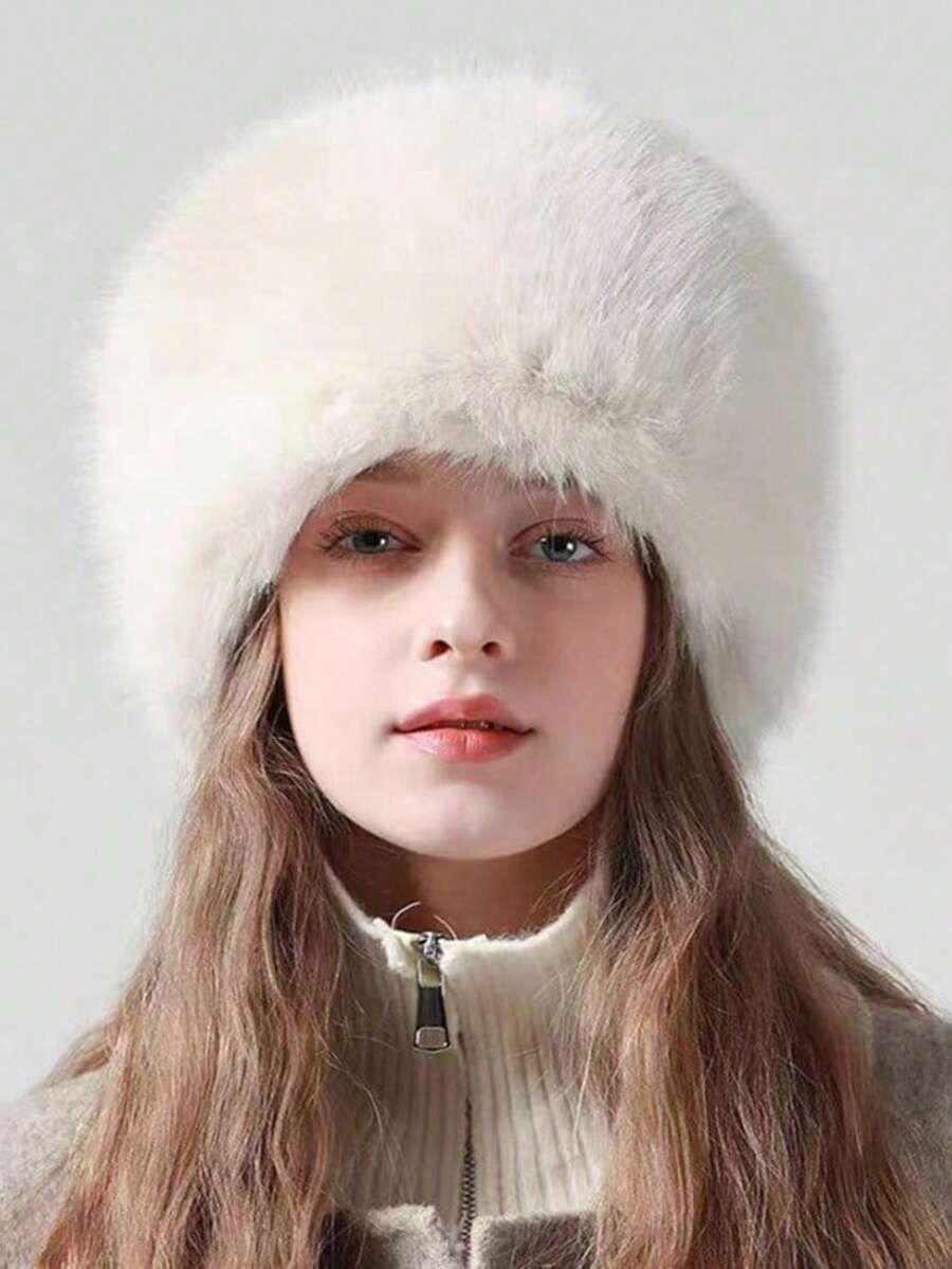 White Faux Fur Round Hat, Fluffy Plush Winter Headwear, Warm Outdoor Street Travel Accessory For Cold Weather - Multicolor - View 1