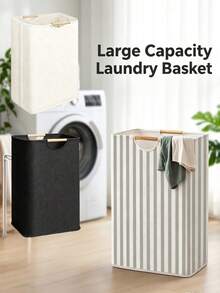 1pc Neutral Style Laundry Basket, Wooden Handle Detail, Large Capacity Foldable Storage, Portable Laundry Basket, Practical Bathroom Accessory, Bathroom Decor, Suitable For Bathroom, Bedroom And Laundry Room Daily Home Use - Multicolor - View 2