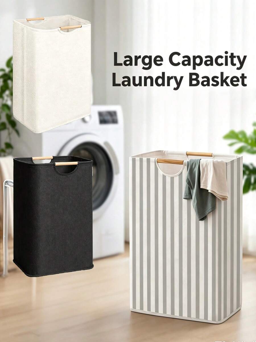 1pc Neutral Style Laundry Basket, Wooden Handle Detail, Large Capacity Foldable Storage, Portable Laundry Basket, Practical Bathroom Accessory, Bathroom Decor, Suitable For Bathroom, Bedroom And Laundry Room Daily Home Use