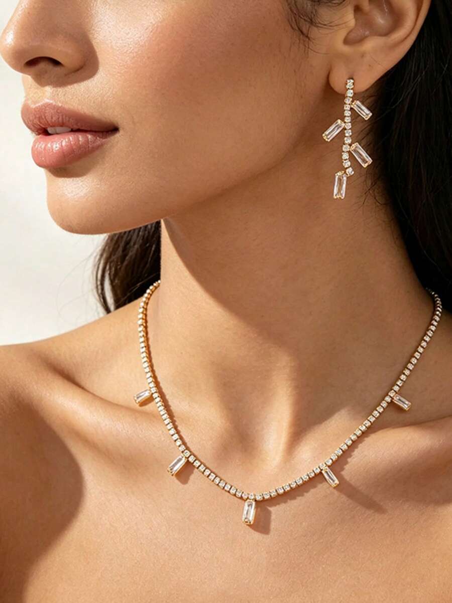 Letingsha 2pcs Necklace & Earrings Set, Exquisite Design, Crystal Inlaid, Sparkling Brilliance, Suitable For Events, Weddings, Celebrations And Daily Wear - White - View 1