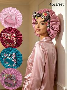 4pcs Women's Floral Print Bow Decor Satin Hair Caps, Soft Elastic Band, Silky Hair Protection Night Caps, Suitable For Daily Home Use - Multicolor 4pcs - View 32