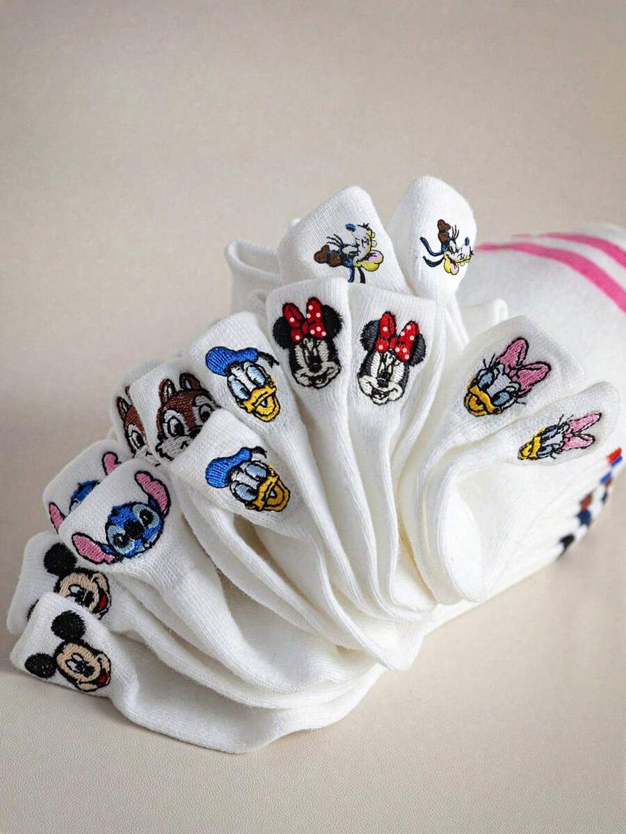 Disney 女款刺繡「耳朵」船襪 1/5/10雙組,春夏秋薄款白色運動短襪,柔軟透氣不勒腳,百搭低筒踝襪,隨機配色 - 彩色 - 查看 1