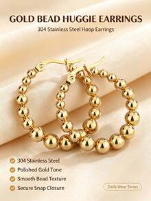 1 Pair 18K Stainless Steel Round Bead Hoop Earrings, Suitable For Daily Wear, Halloween Gift - Gold - View 1