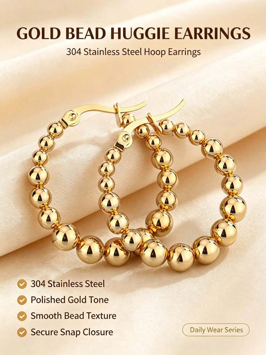 1 Pair 18K Stainless Steel Round Bead Hoop Earrings, Suitable For Daily Wear, Halloween Gift - Gold - View 1