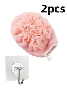2pcs Bath Sponge Gloves + 2 Hooks Combo Set, Blue For Men, Pink For Women, Double-Sided Scrubbing & Foaming Practical Bathroom Set - Multicolor - View 12