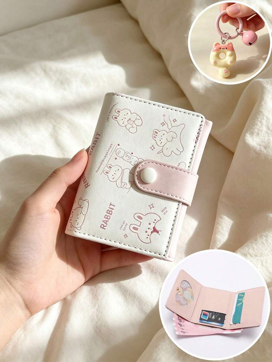 可愛熊/兔子日式按扣零錢包女用，多功能短錢包可收納現金與信用卡，超薄輕巧卡通熊圖案收納包，甜美兔子印花學生短錢包卡夾，便攜設計適合旅行與日常使用，聖誕禮物