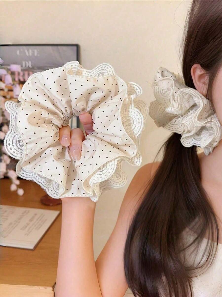 1pc French Style White Polka Dot Lace Hair Scrunchie - Elegant Hair Accessory, Ponytail Hair Tie - Cute And Charming, Suitable For Holidays And Parties